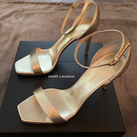 SAINT LAURENT AMBER 85 PLATINO GOLD LEARHER STRAP HEEL SANDAL PUMP 38 - Picture 4 of 6